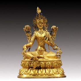 A Solemn Gilt Bronze Green Statue of Tara