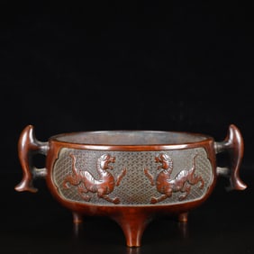 A Rare Bronze Lion Pattern Double-Ears and Tripod Censer
