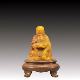 A Rare Shoushan Stone Inlaid Gems Statue of Arhat