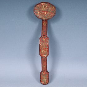 A Huge Carved Red Lacquer Painted Color Auspicious Cloud and Dragon Pattern Ruyi