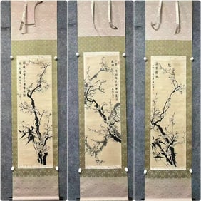 A Set of Chinese Vertical Scroll Ink Painting of Flower on Paper