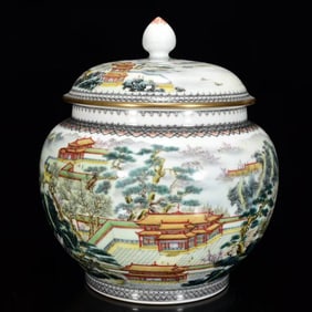 A Rare Famille-Rose Landscape Pattern Jar with Cover,with Poem