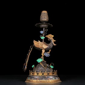 A Rare Gilt Silver Inlaid Gems Phoenix Candlestick