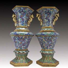 A Pair of Huge Cloisonne Auspicious Cloud and Dragon Pattern Dragon-Ears Vases