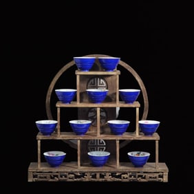 A Set of Fine Enamel Sapphire Blue Glazed Flower Pattern Cups,with Poem