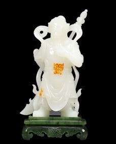 An Exquisite White Jade Statue of Heavenly King, With Jasper Base