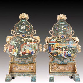 A Pair of Rare Cloisonne Inlaid Gems Character and Story Pattern Gourd-Shaped Table Screens,with
