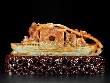 An Exquisite White Jade Character Boating Ornament