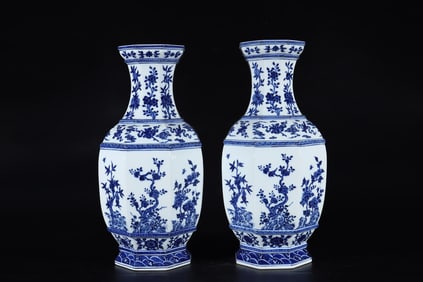 A Pair of Huge Blue and White Flower and Bird Pattern Vases