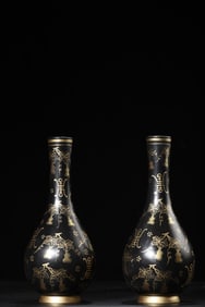 A Pair of Exquisite Carved Lacquer Painted Gold Gourd Pattern Vases