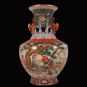 A Rare Famille-Rose Painted Gold Horse Pattern Double-Ears Vase