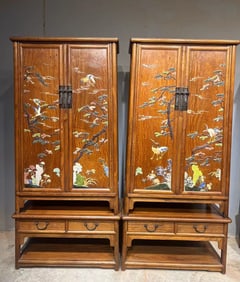 A Pair of Huge Huanghuali wood Pine and Crane Pattern Cabinets,Inlaid Gems