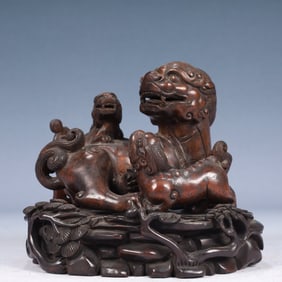 An Exquisite Redwood Lion Ornament,With Base