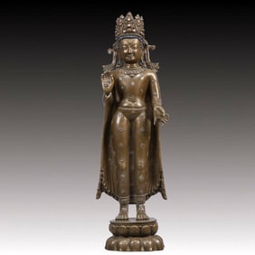 A Solemn Bronze Statue of Tara, Inlaid Gems