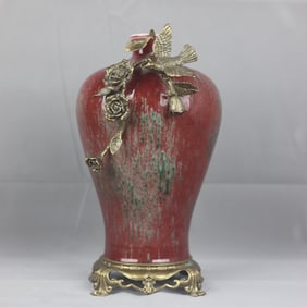An Exquisite Peach Bloom Glazed Inlaid Bronze Flower and Bird Vase