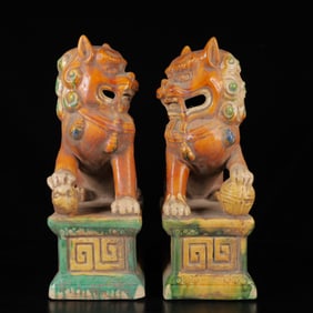 A Pair of Exquisite Tang Tri-Color Glazed Pottery Lion Ornaments