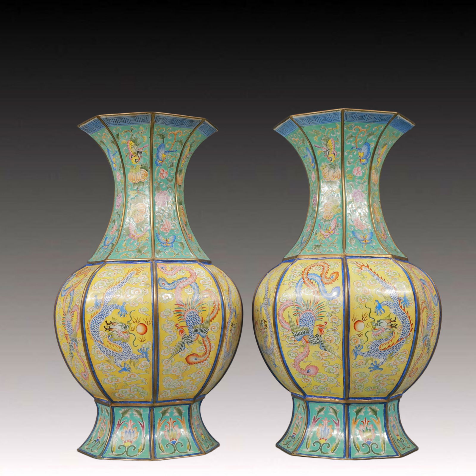 A Pair of Rare Painted Enamel Dragon and Phoenix Pattern Vases (1 of 8)