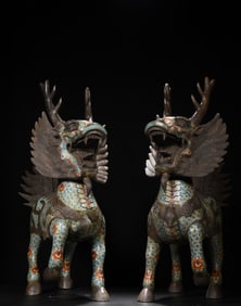 A Pair of Huge Cloisonne Flower Pattern Kylin Ornaments