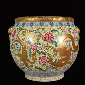 A Huge Famille-Rose Yellow Ground Painted Gold Dragon and Phoenix Pattern Double-Ears Vat