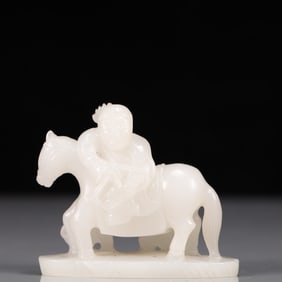 An Exquisite White Jade Figure Riding Horse Ornament