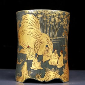 An Exquisite Jasper Painted Gold Character and Story Pattern Brush Pot