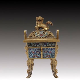 A Huge Cloisonne Beast-Face Pattern Double-Ears Four Legs Censer,With Beast Cover