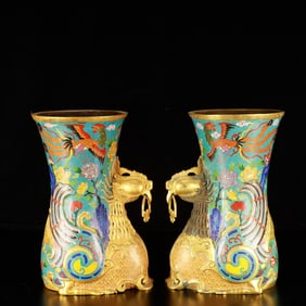 A Pair of Rare Cloisonne Flower and Phoenix Pattern Vase