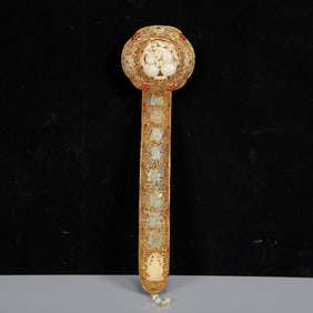 A Rare Gilt Inlaid White Jade Eight Treasures Pattern Ruyi,Inlaid Gems
