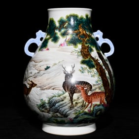 A Precious Famille-Rose Pine and Deer Pattern Double-Ears Vase, With Poem