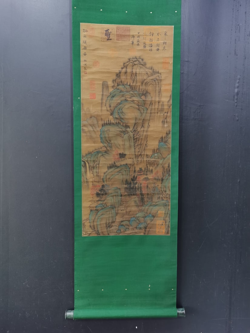 A Chinese Vertical Scroll Ink Painting of Landscape and Bird on Silk: A Chinese Vertical Scroll Ink Painting of Landscape and Bird on Silk,Han Huang,Size:34.1inx14.8in 一幅中国水墨绢本山水画立๘