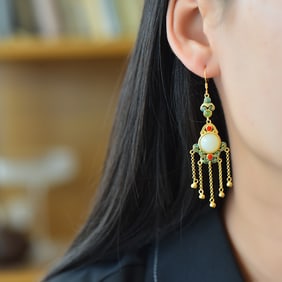 A Pair of Exquisite Sterling Silver-Gold Plated Inlaid White Jade Enamel Earrings