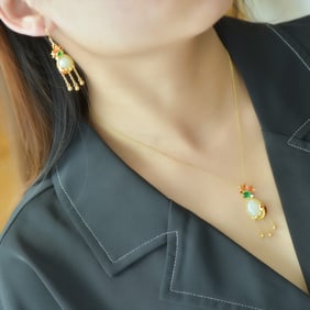 A Set of Fine Sterling Silver-Gold Plated Inlaid White Jade Jewelrys