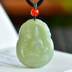 An Exquisite Greenish Jade Statue of Avalokitesvara Pendant