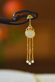An Exquisite Sterling Silver-Gold Plated Inlaid White Jade Ebony Hairpin,Inlaid Pearl