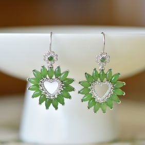 A Pair of Exquisite Sterling Silver Inlaid Jasper Earrings,Inlaid Diamond