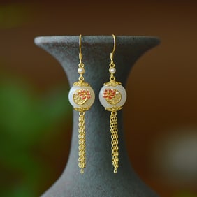 A Pair of Exquisite Sterling Silver-Gold Plated Inlaid White Jade Enamel Earrings