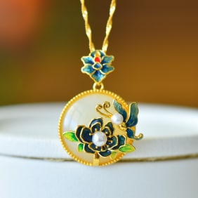An Exquisite Sterling Silver-Gold Plated Inlaid White Jade Enamel Pendant,Inlaid Pearl