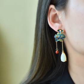 A Pair of Exquisite Sterling Silver-Gold Plated Inlaid White Jade Enamel Earrings
