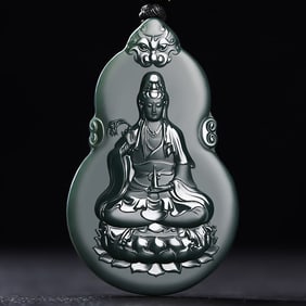An Exquisite Cyan jade Statue of Avalokitesvara Pendant