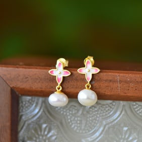 A Pair of Exquisite Sterling Silver-Gold Plated Inlaid Pearl Earrings