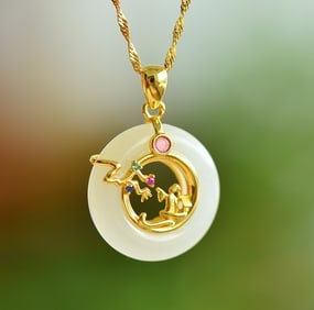 An Exquisite Sterling Silver-Gold Plated Inlaid White Jade Pendant