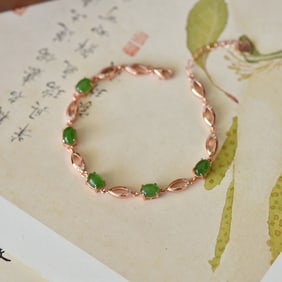 An Exquisite Sterling Silver-Gold Plated Inlaid Jasper Bracelet,Inlaid Diamond