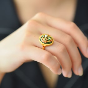 An Exquisite Sterling Silver-Gold Plated Inlaid White Jade Enamel Ring