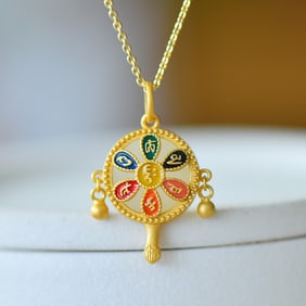 An Exquisite Sterling Silver-Gold Plated Inlaid White Jade Pendant