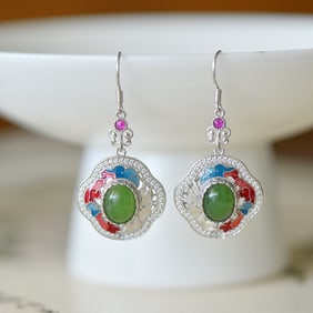 A Pair of Exquisite Sterling Silver Inlaid Jasper Enamel Earrings