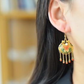 A Pair of Exquisite Sterling Silver-Gold Plated Inlaid White Jade Earrings,Inlaid Pearl