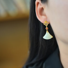 A Pair of Exquisite Sterling Silver-Gold Plated Inlaid White Jade Earrings