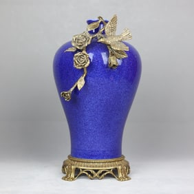 A Rare Blue Glazed Inlaid Bronze Flower and Bird Pattern Vase