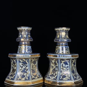 A Pair of Exquisite Blue and White Painted Gold Flower Pattern Candlesticks