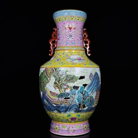 A Huge Enamel Painted Gold Hollow Landscape and Phoenix Pattern Double-Ears Vase